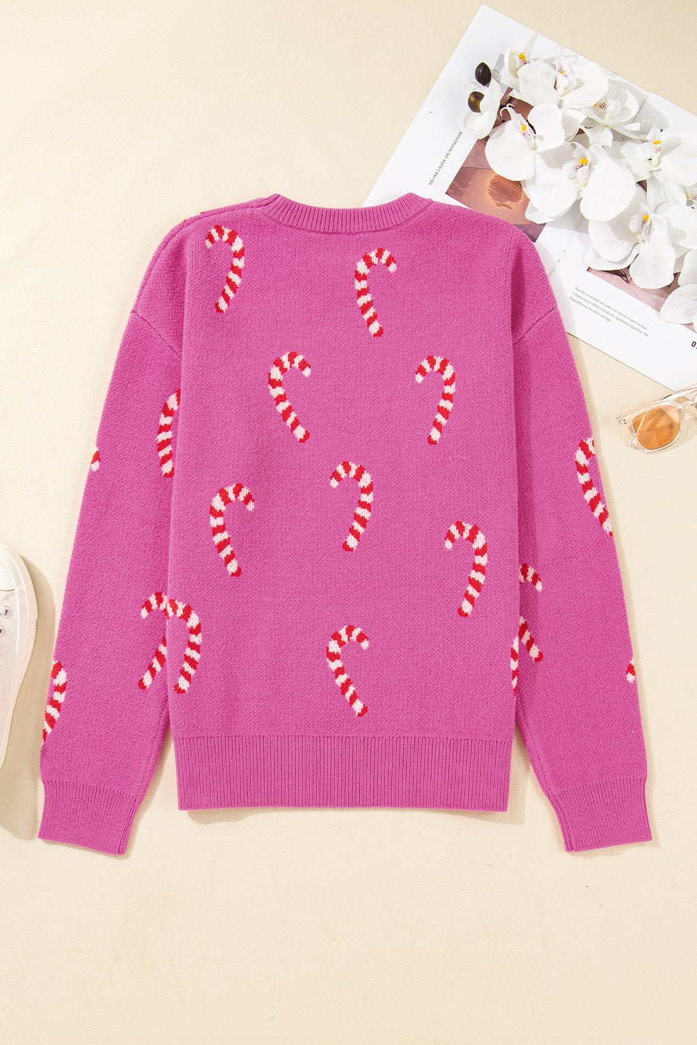 Crowned Energy CO. Sachet Pink / S / 52%Viscose+26%Polyester+22%Polyamide Dear-Lover Dropshipping Sweaters & Cardigans/Sweaters Sachet Pink Christmas Candy Cane Holiday Drop Shoulder Sweater