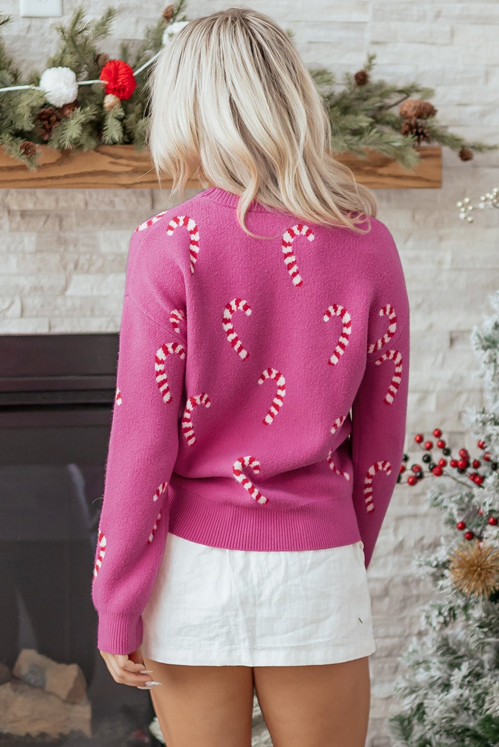 Crowned Energy CO. Sachet Pink / S / 52%Viscose+26%Polyester+22%Polyamide Dear-Lover Dropshipping Sweaters & Cardigans/Sweaters Sachet Pink Christmas Candy Cane Holiday Drop Shoulder Sweater