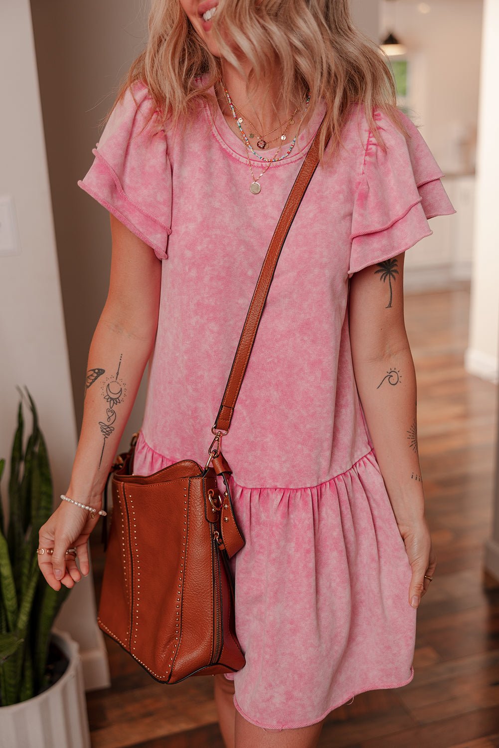 Sachet Pink Mineral Wash Raw Edge Ruffle Mini Dress - Crowned Energy CO.