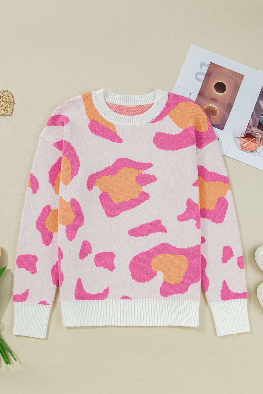 Sachet Pink Playful Leopard Print Drop Shoulder Baggy Sweater - Crowned Energy CO.