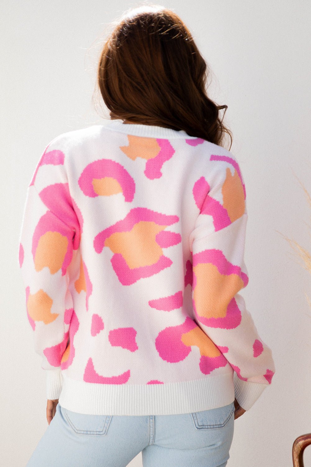 Sachet Pink Playful Leopard Print Drop Shoulder Baggy Sweater - Crowned Energy CO.