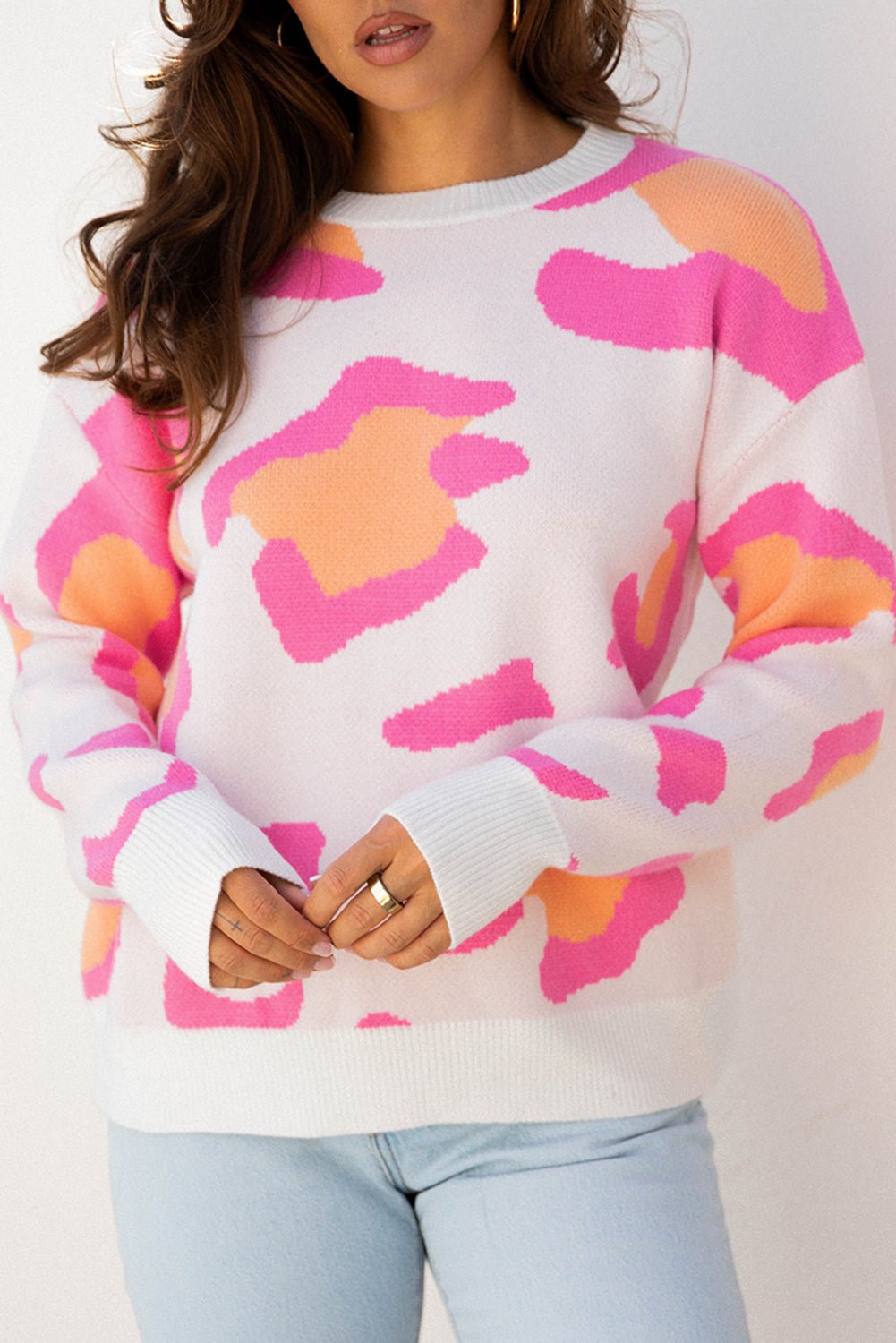Sachet Pink Playful Leopard Print Drop Shoulder Baggy Sweater - Crowned Energy CO.