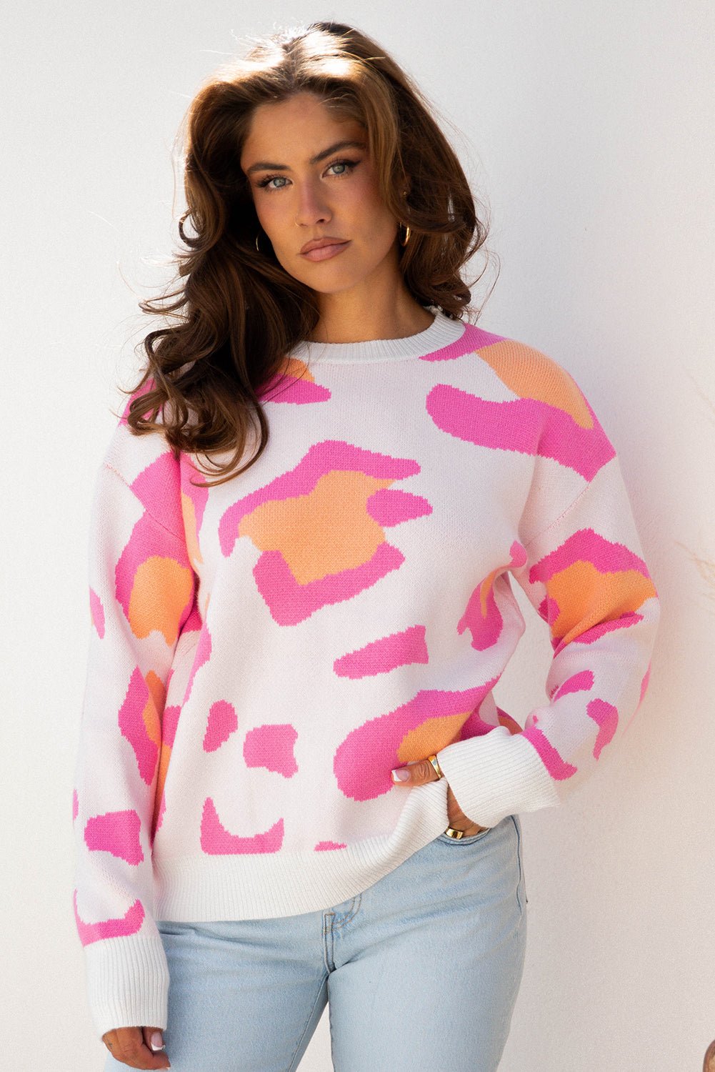 Sachet Pink Playful Leopard Print Drop Shoulder Baggy Sweater - Crowned Energy CO.