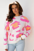 Sachet Pink Playful Leopard Print Drop Shoulder Baggy Sweater - Crowned Energy CO.
