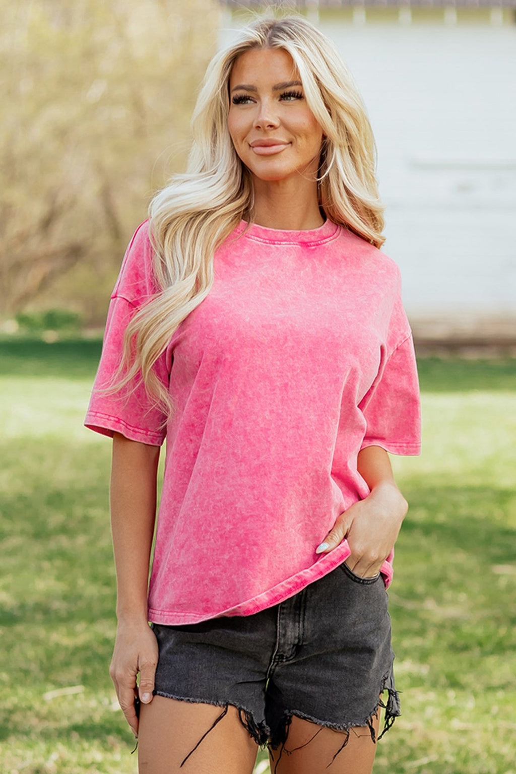 Sachet Pink Solid Color Cotton Mineral Washed Oversize Tee - Crowned Energy CO.