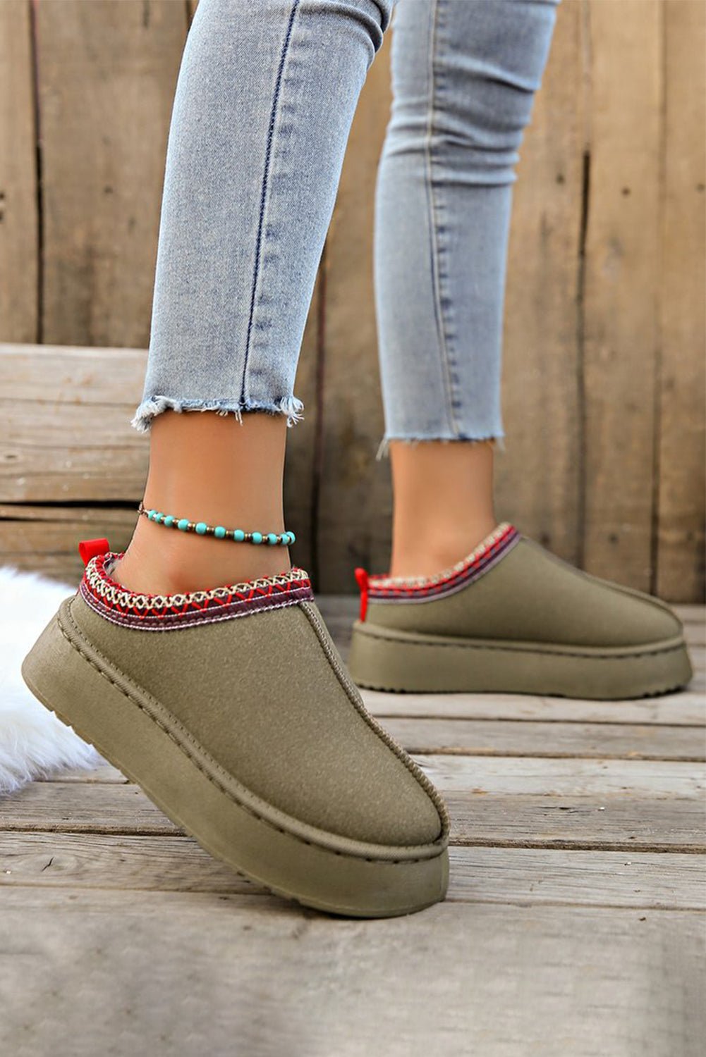 Sage Green Contrast Print Suede Plush Lined Snow Boots - Crowned Energy CO.