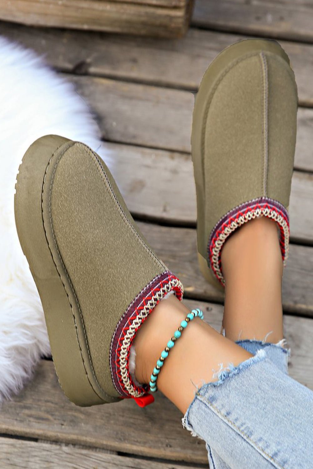 Sage Green Contrast Print Suede Plush Lined Snow Boots - Crowned Energy CO.