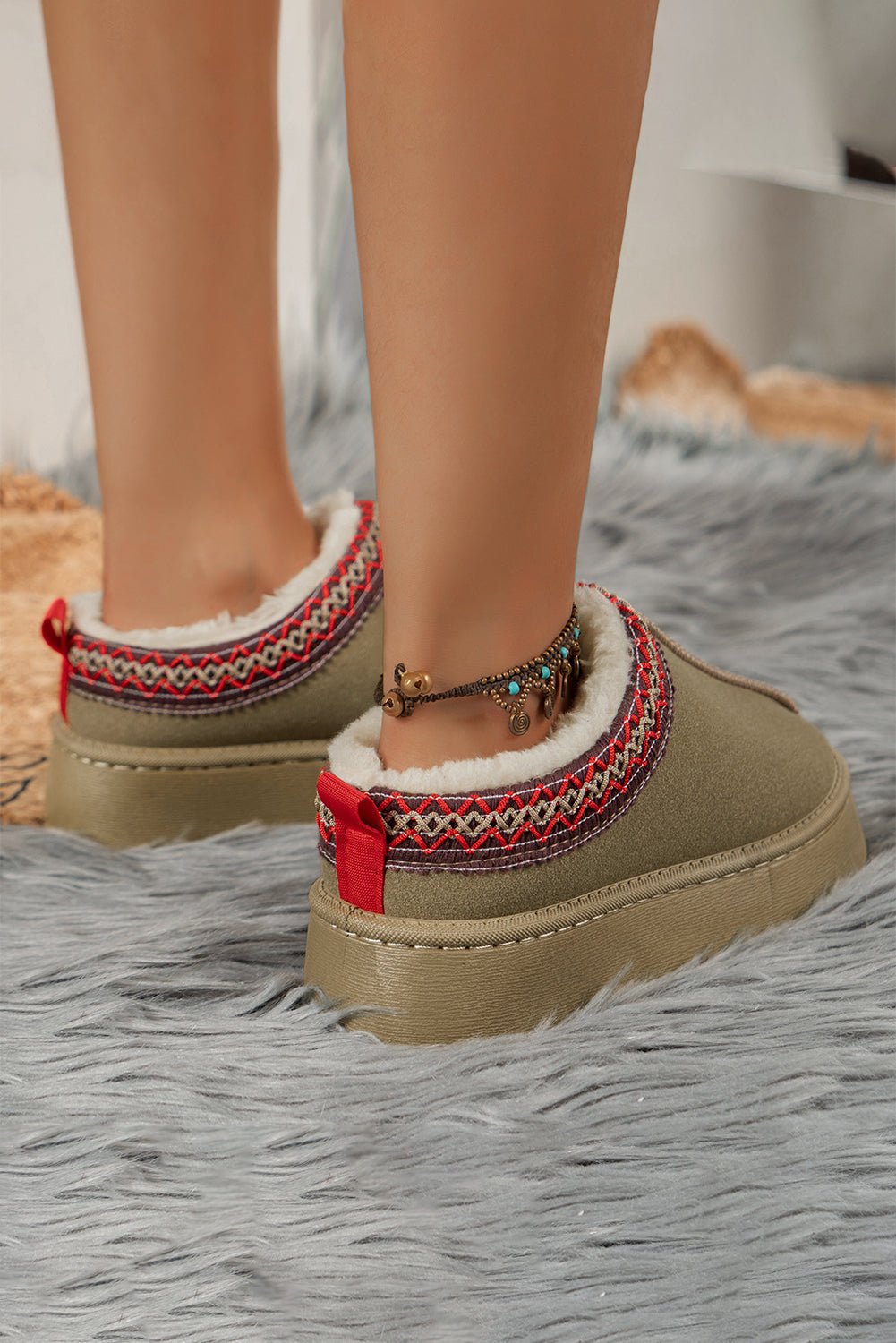 Sage Green Contrast Print Suede Plush Lined Snow Boots - Crowned Energy CO.
