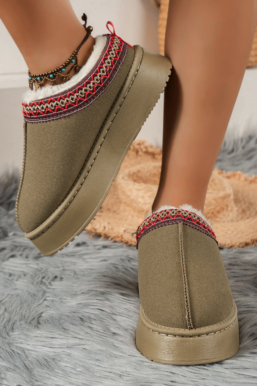 Sage Green Contrast Print Suede Plush Lined Snow Boots - Crowned Energy CO.