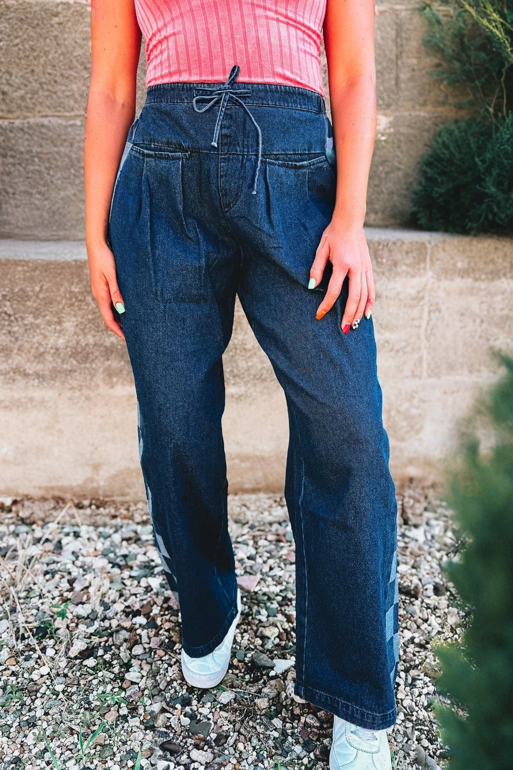 Sail Blue Checkered Side Panel Patchwork Drawstring Loose Denim Pants - Crowned Energy CO.