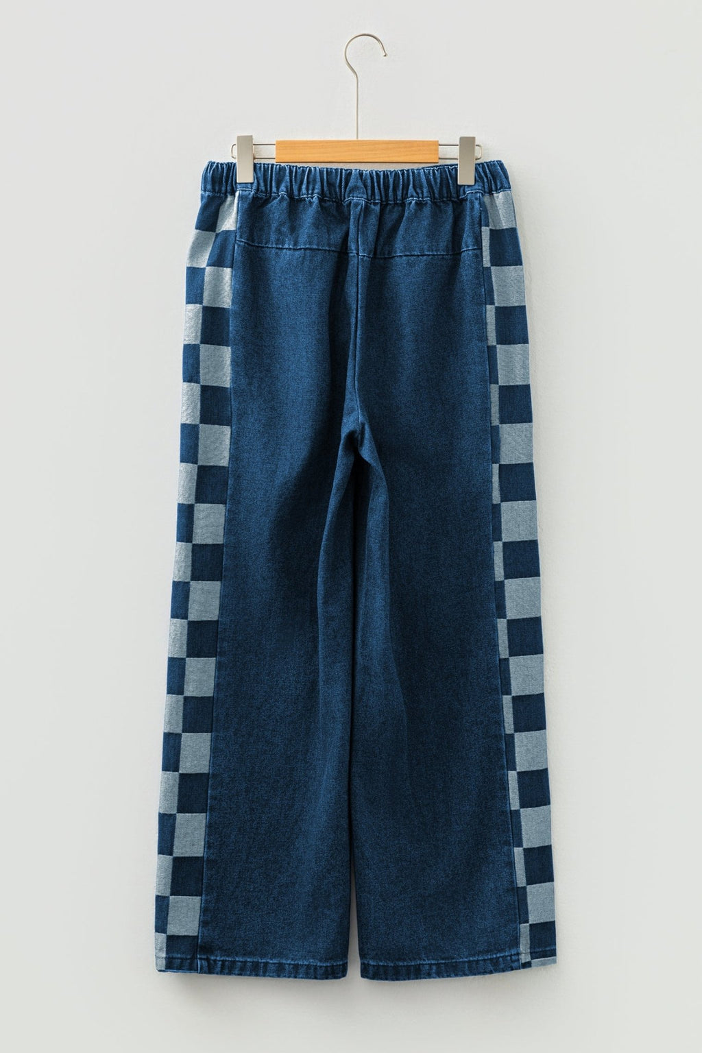 Sail Blue Checkered Side Panel Patchwork Drawstring Loose Denim Pants - Crowned Energy CO.