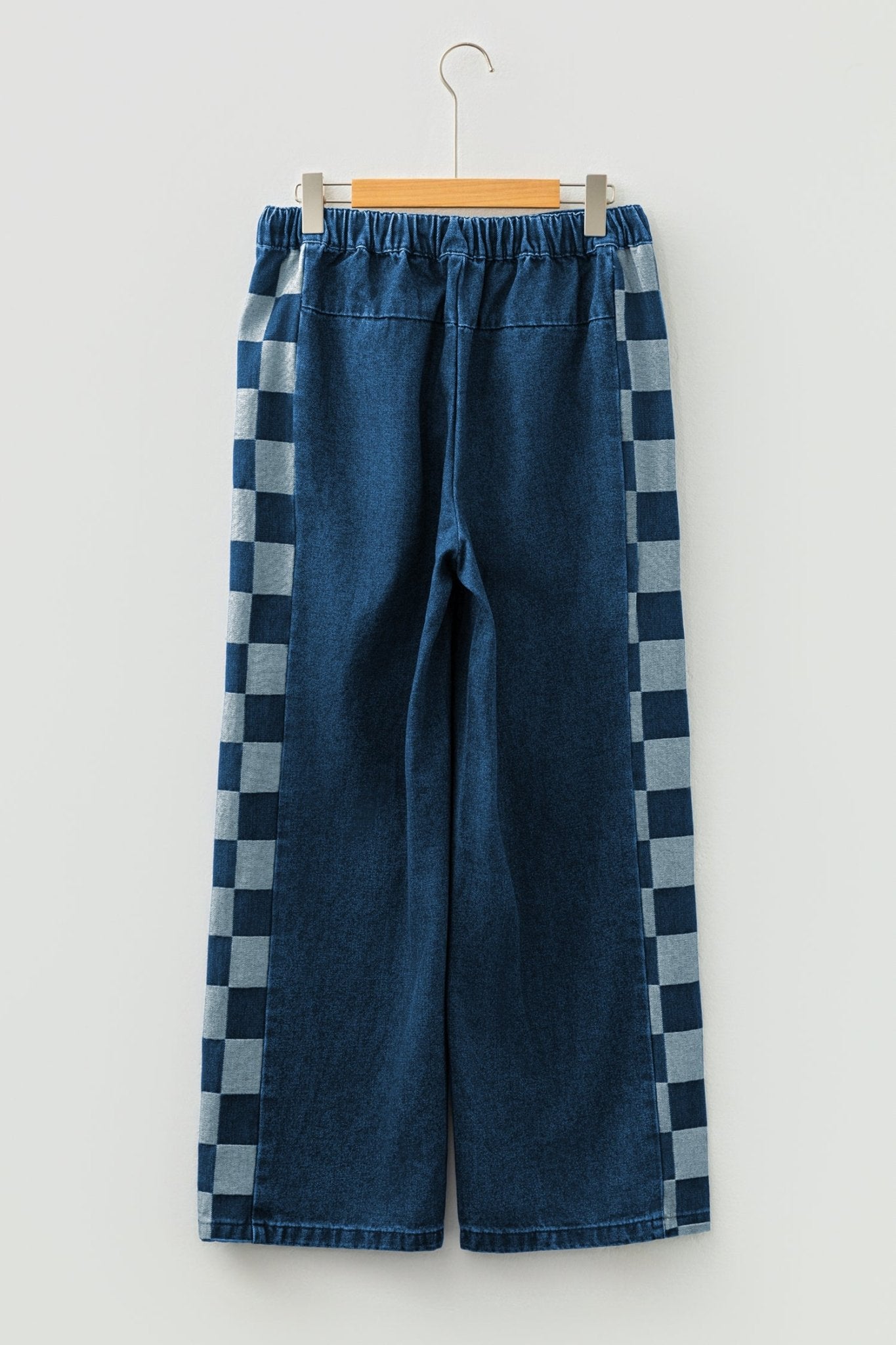 Sail Blue Checkered Side Panel Patchwork Drawstring Loose Denim Pants - Crowned Energy CO.