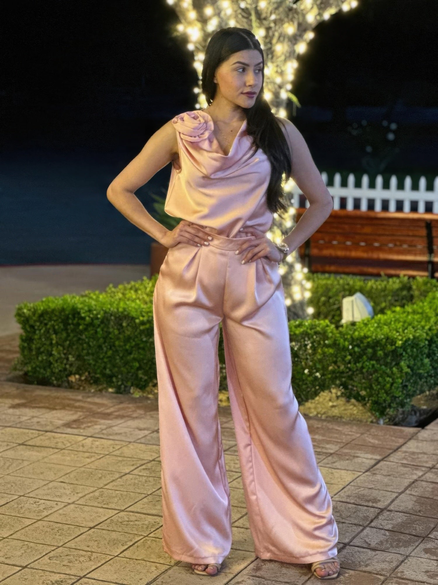 Satin Wide Leg Pants & Flower Sleeveless Top Set - Crowned Energy CO.