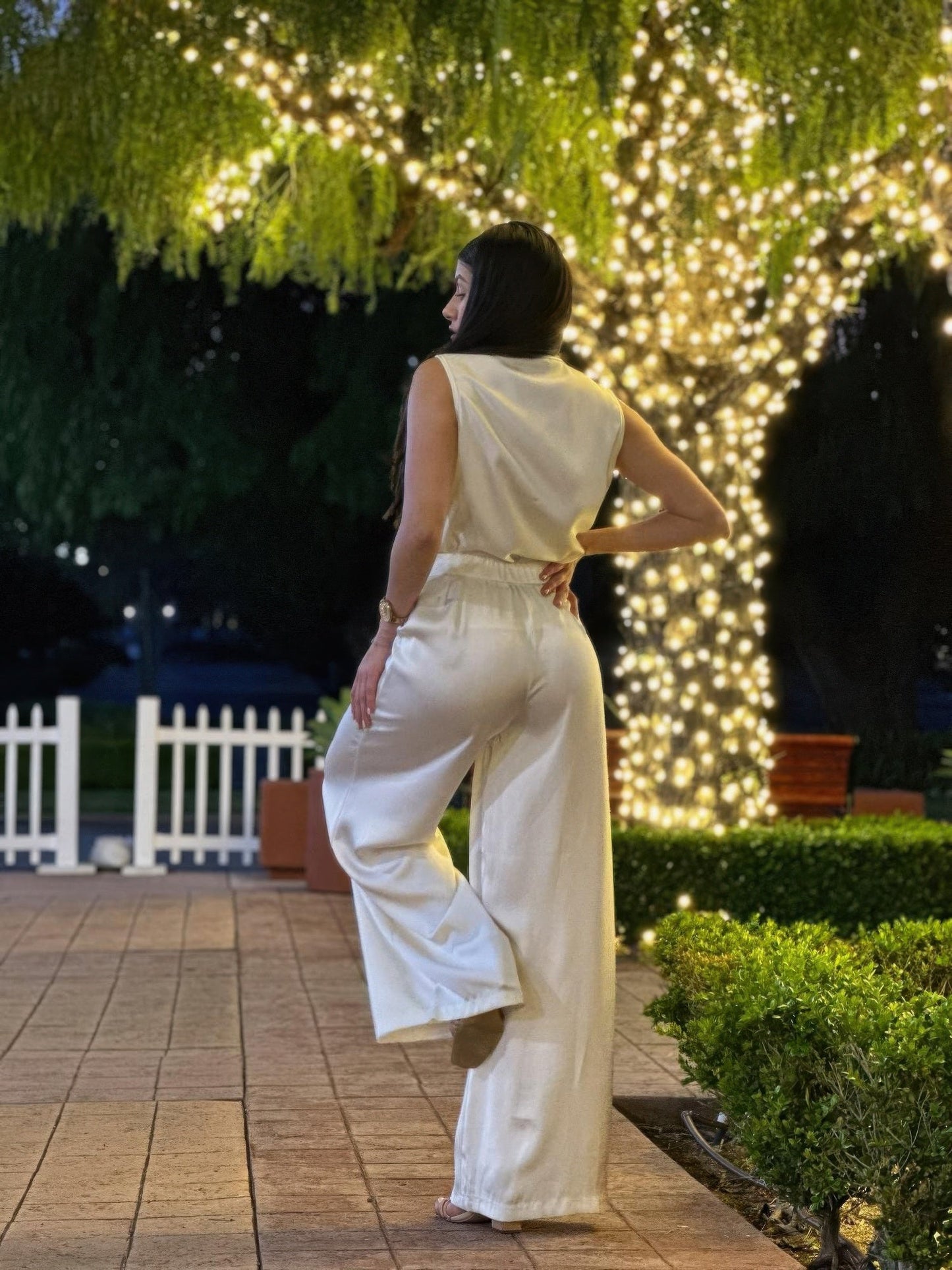 Satin Wide Leg Pants & Flower Sleeveless Top Set - Crowned Energy CO.