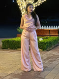 Satin Wide Leg Pants & Flower Sleeveless Top Set - Crowned Energy CO.