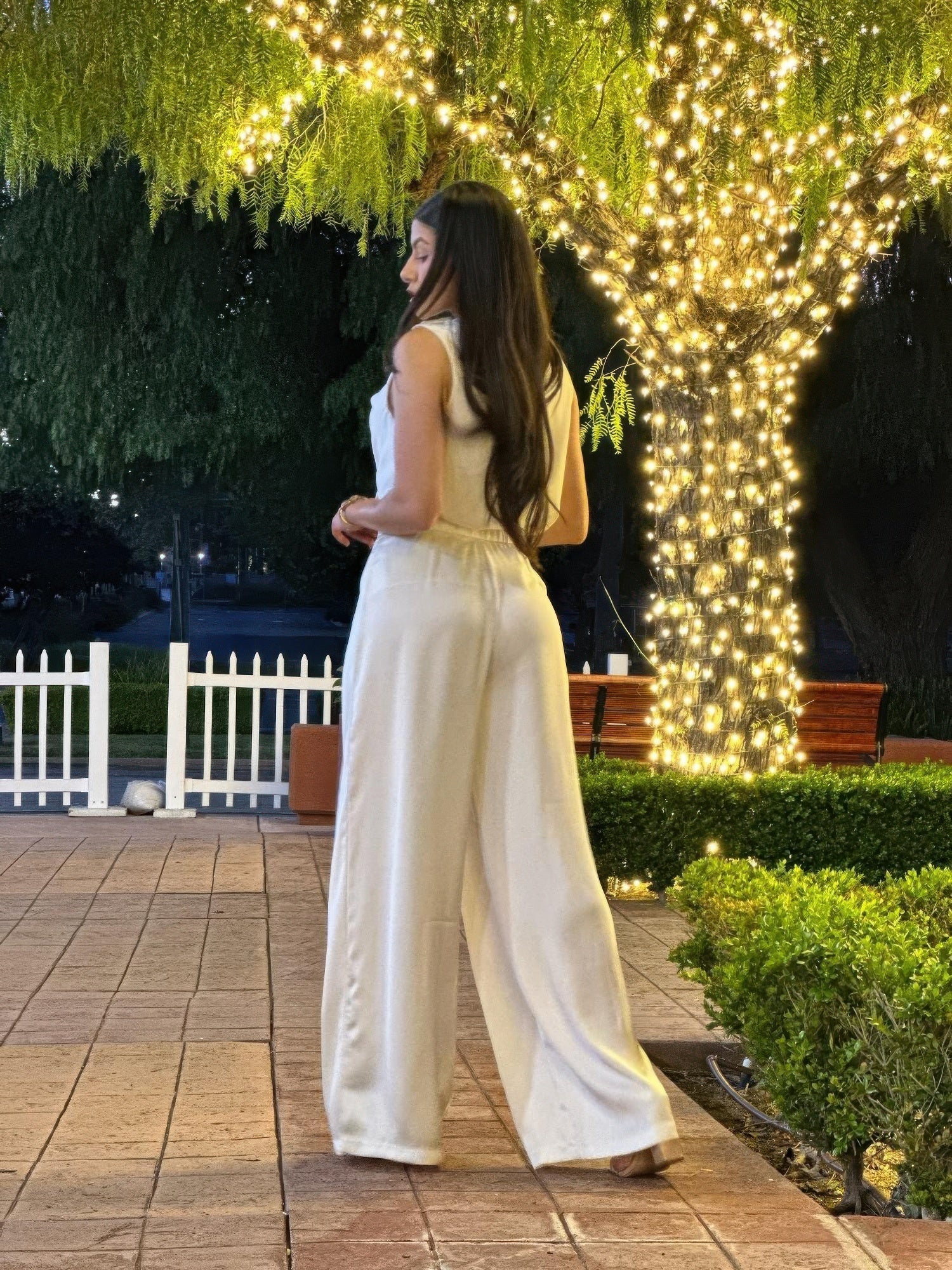 Satin Wide Leg Pants & Flower Sleeveless Top Set - Crowned Energy CO.