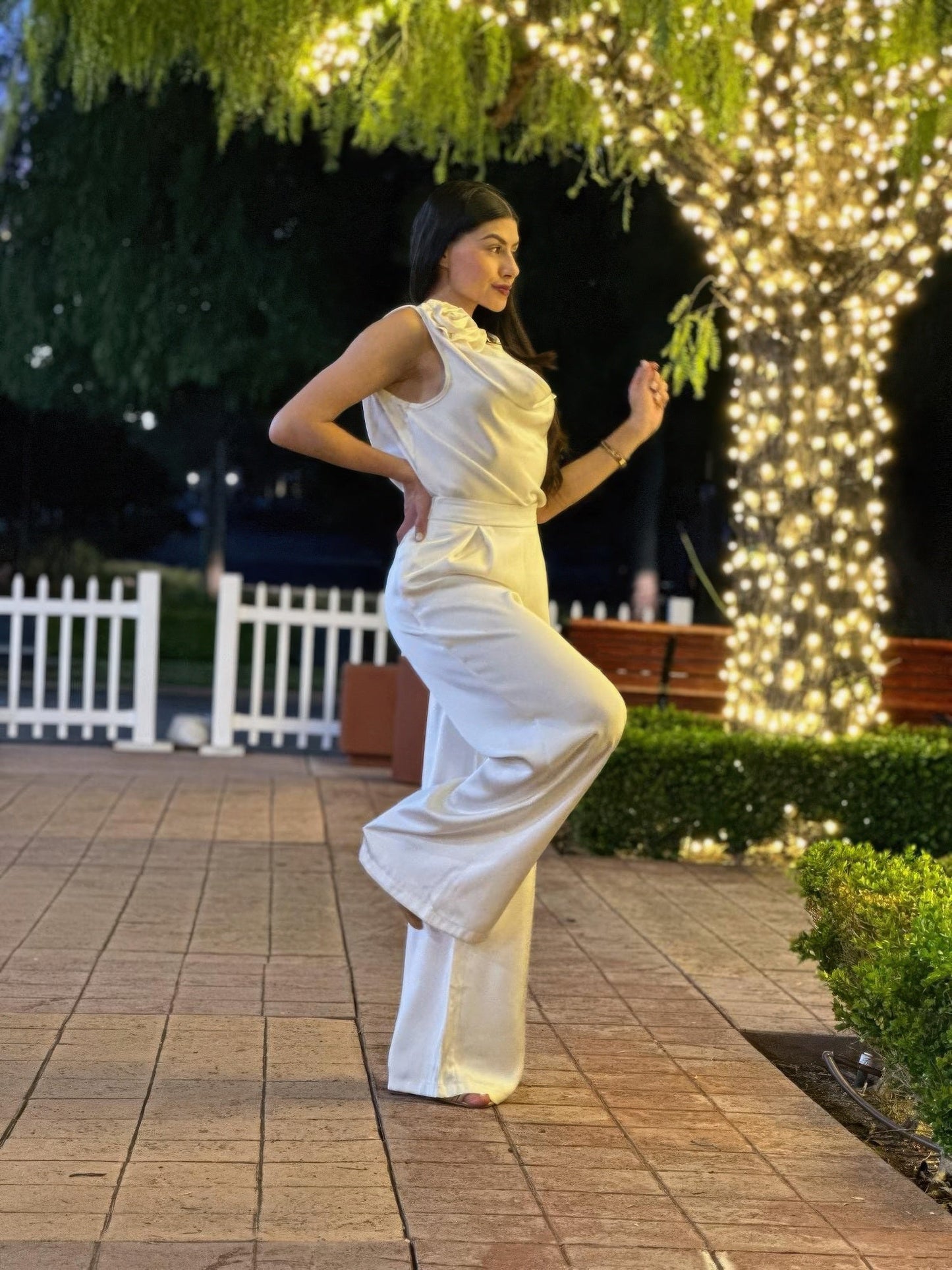 Satin Wide Leg Pants & Flower Sleeveless Top Set - Crowned Energy CO.