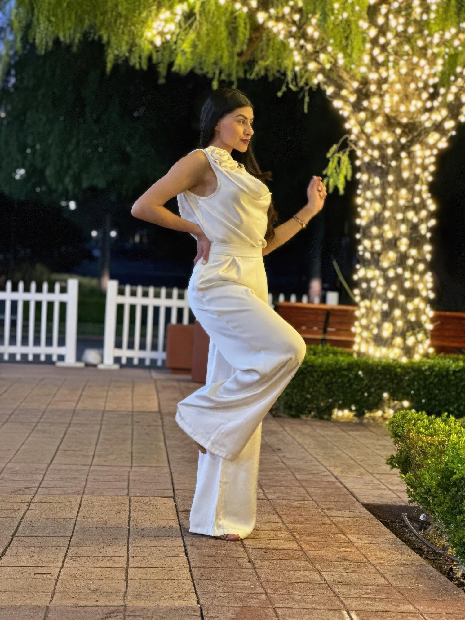 Satin Wide Leg Pants & Flower Sleeveless Top Set - Crowned Energy CO.