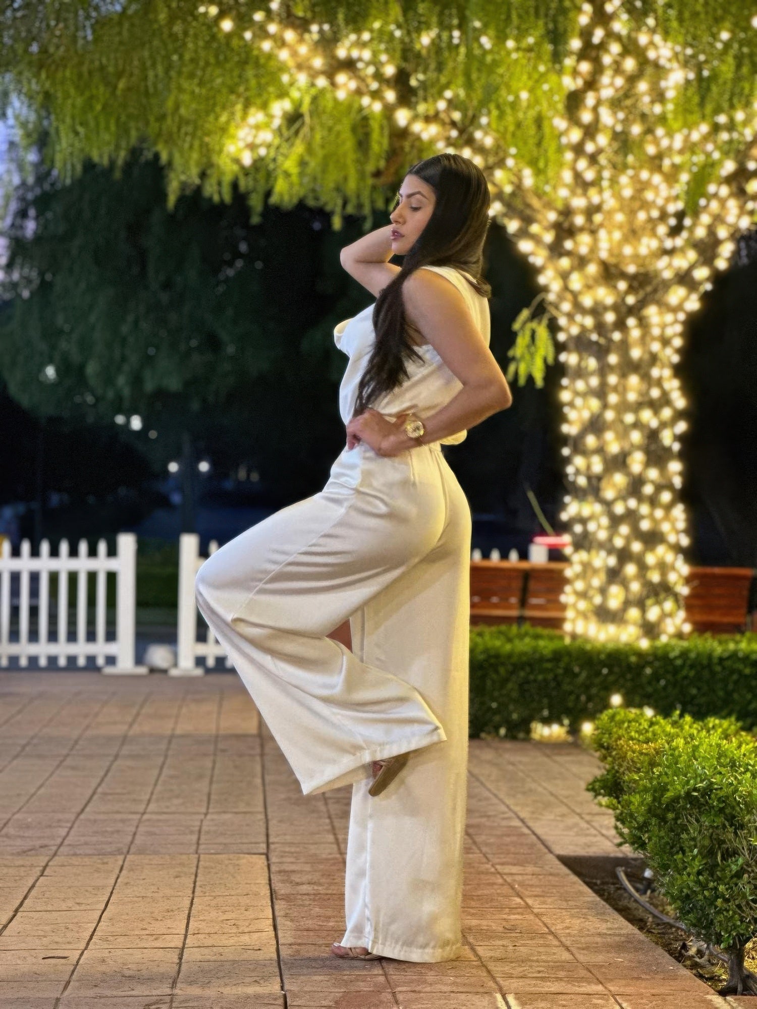 Satin Wide Leg Pants & Flower Sleeveless Top Set - Crowned Energy CO.