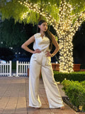 Satin Wide Leg Pants & Flower Sleeveless Top Set - Crowned Energy CO.