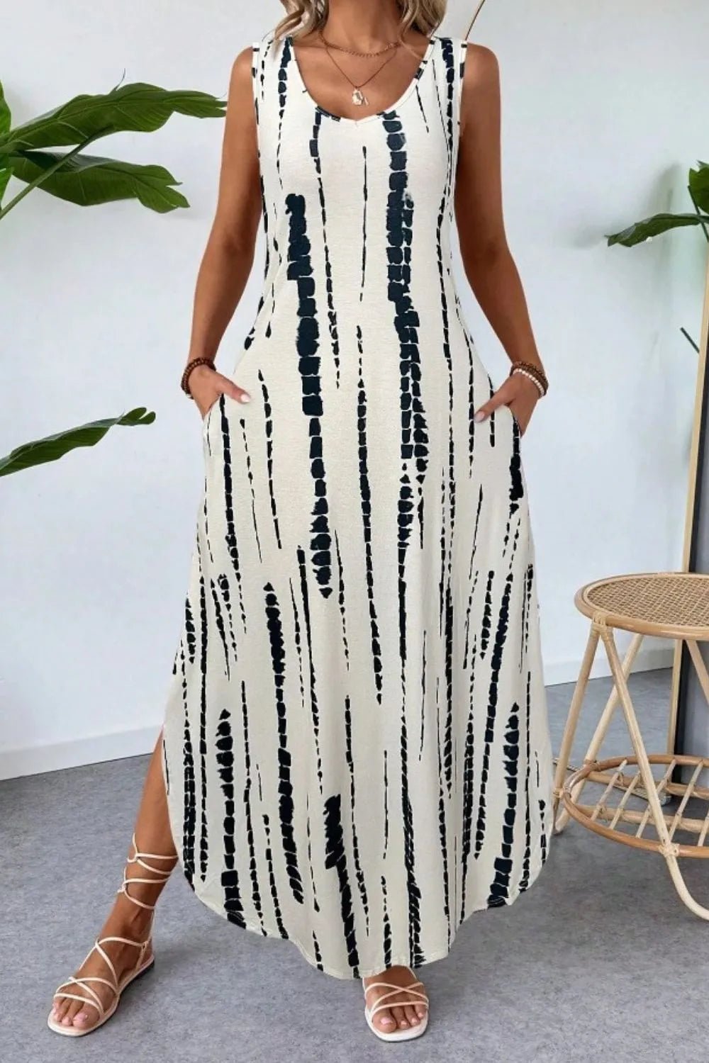 Crowned Energy CO. Beige / S Trendsi Dresses Scoop Neck Sleeveless Dress with Pockets