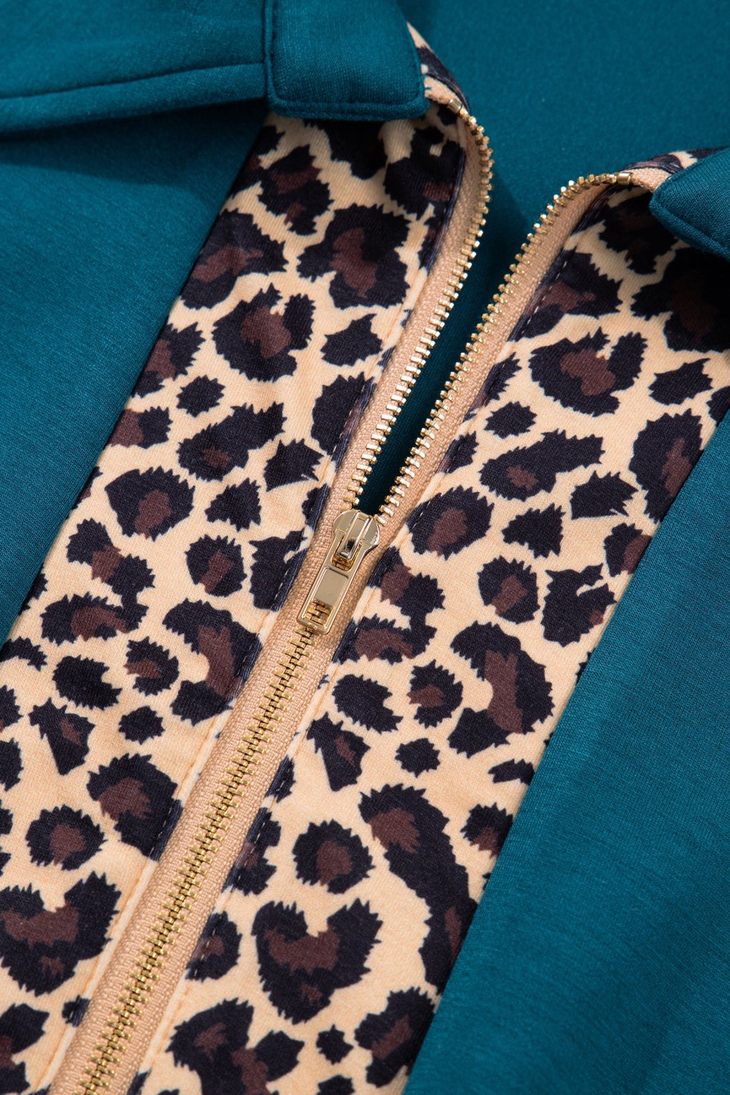 Sea Green Leopard Patchwork Detail Quarter Zip Collared Plus Size Mini Dress - Crowned Energy CO.