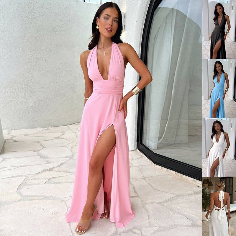 Crowned Energy CO. Black / 2XL Goddess Vibes Dresses Sexy Halterneck V-neck Slit Dress Summer Backless Strappy Skirt Fashion Temperament Clothing Women