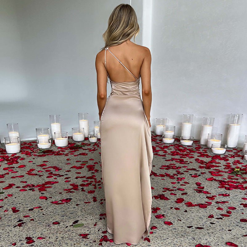 Crowned Energy CO. Apricot / L CCWHOLESALECLOTHING Dresses Sexy One-shoulder Backless Slit Dress Summer Elegant Slim-fit Solid Color Satin Dresses For Women