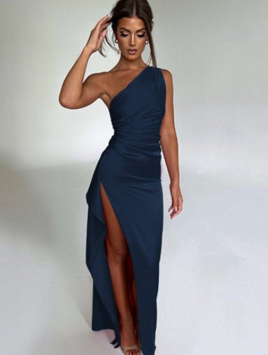 Crowned Energy CO. Blue / L CCWHOLESALECLOTHING Dresses Sexy One-shoulder Backless Slit Dress Summer Elegant Slim-fit Solid Color Satin Dresses For Women
