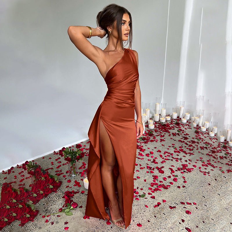 Crowned Energy CO. Brown / L CCWHOLESALECLOTHING Dresses Sexy One-shoulder Backless Slit Dress Summer Elegant Slim-fit Solid Color Satin Dresses For Women
