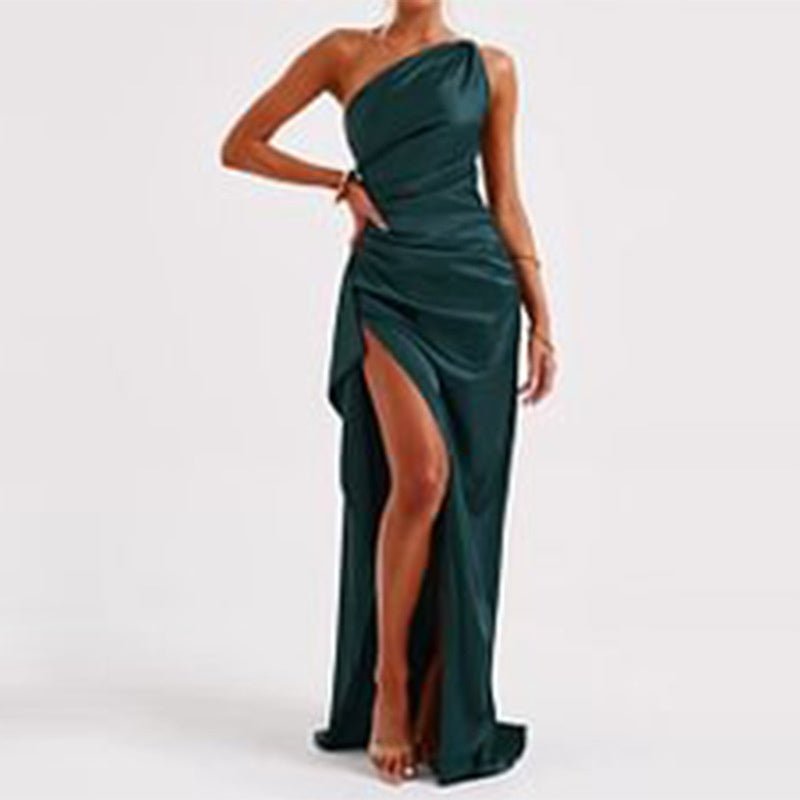 Crowned Energy CO. Image color / L CCWHOLESALECLOTHING Dresses Sexy One-shoulder Backless Slit Dress Summer Elegant Slim-fit Solid Color Satin Dresses For Women