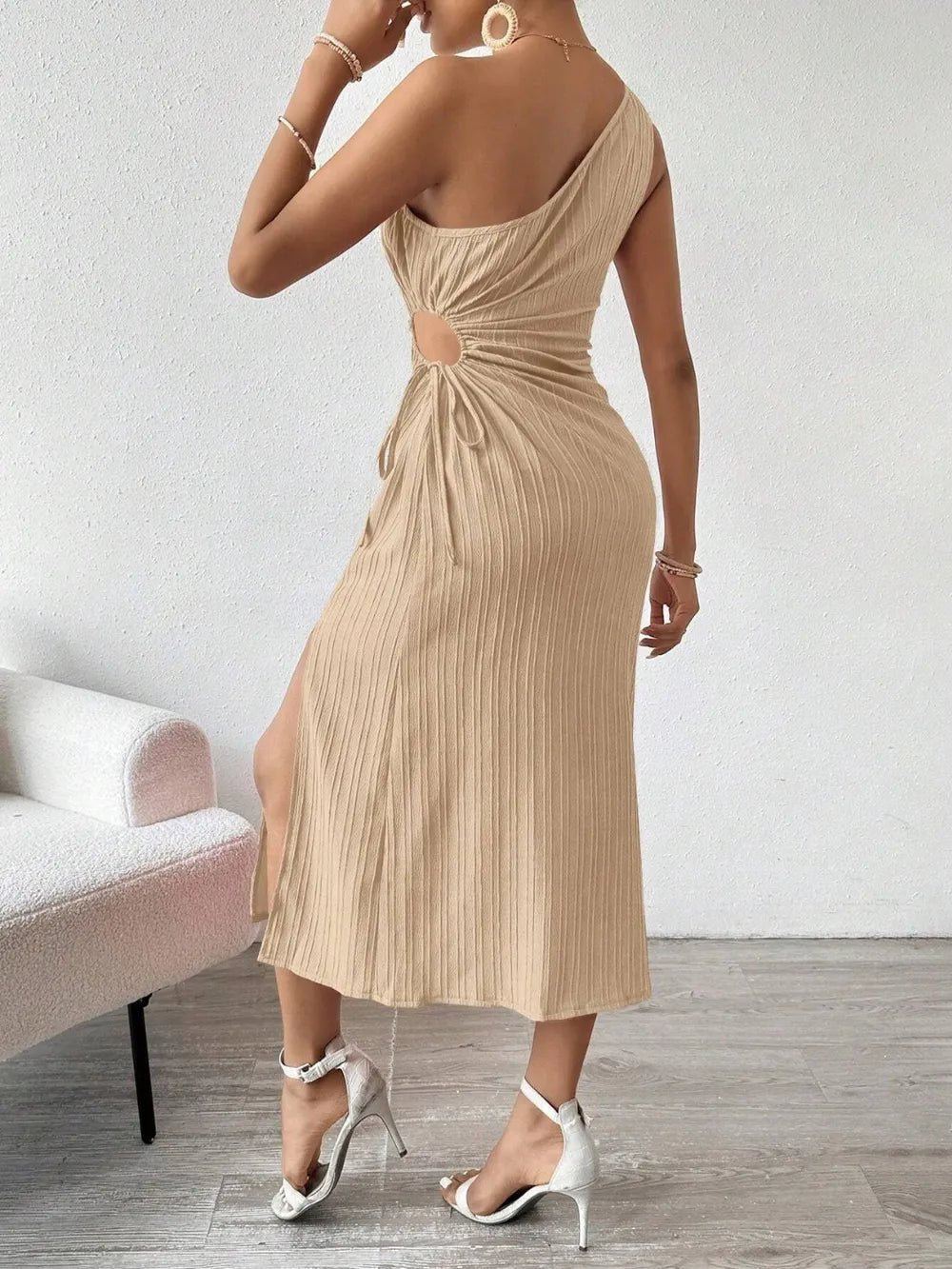 Side Slit Cutout Single Shoulder Dress - Crowned Energy CO.