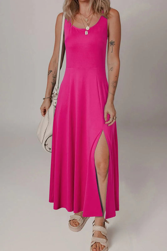 Crowned Energy CO. Hot Pink / S Trendsi Dresses/Maxi Dresses Side Slit Scoop Neck Wide Strap Dress