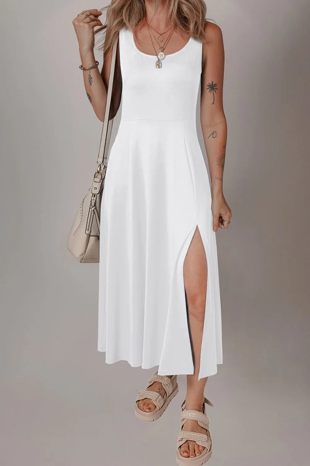 Crowned Energy CO. White / S Trendsi Dresses/Maxi Dresses Side Slit Scoop Neck Wide Strap Dress