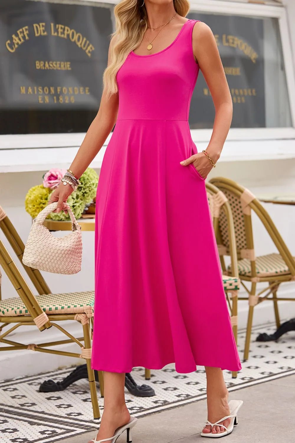 Crowned Energy CO. Hot Pink / S Trendsi Dresses/Maxi Dresses Side Slit Scoop Neck Wide Strap Dress