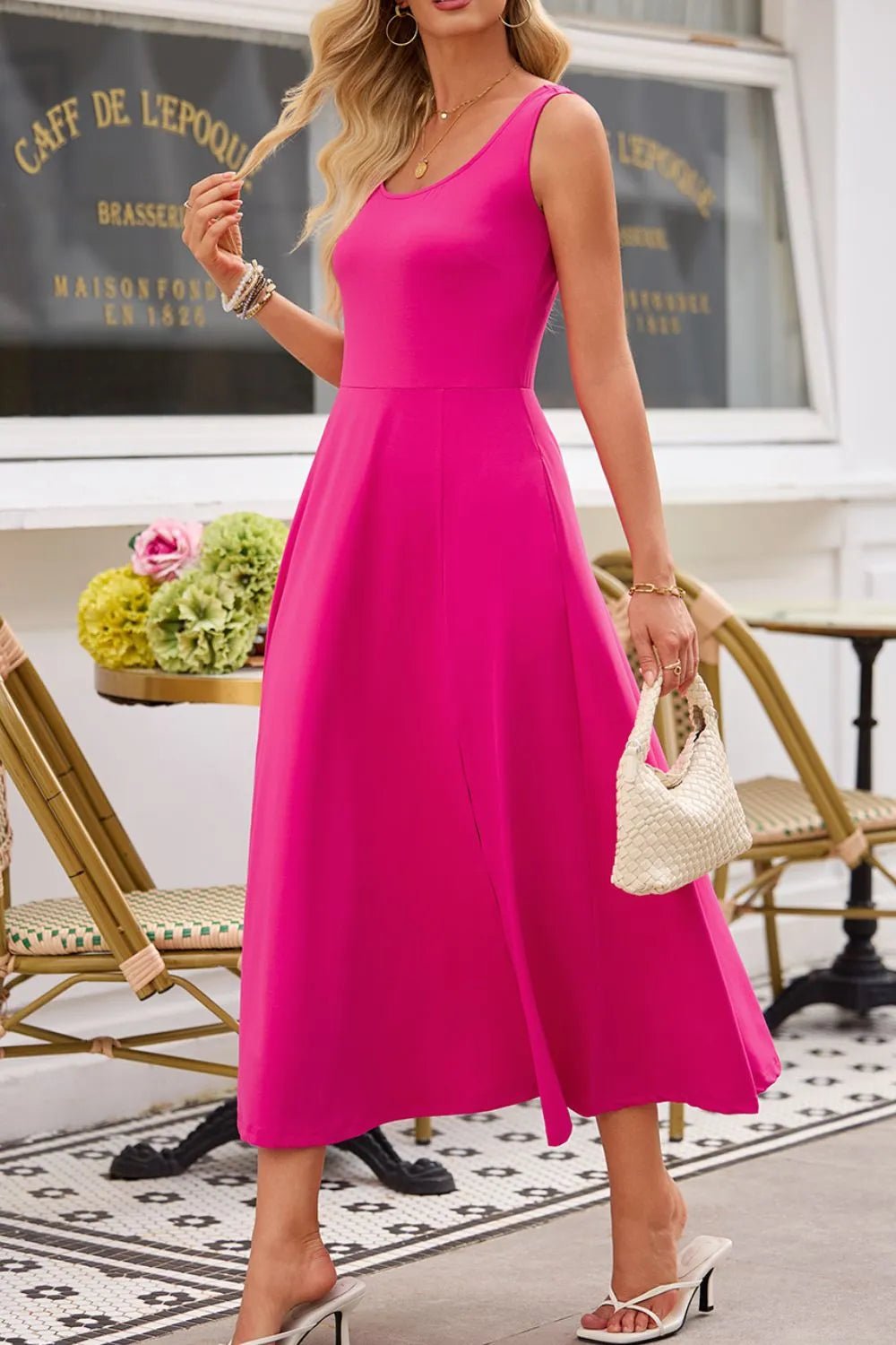 Crowned Energy CO. Hot Pink / S Trendsi Dresses/Maxi Dresses Side Slit Scoop Neck Wide Strap Dress