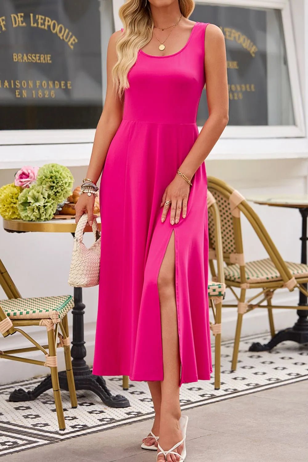 Crowned Energy CO. Hot Pink / S Trendsi Dresses/Maxi Dresses Side Slit Scoop Neck Wide Strap Dress