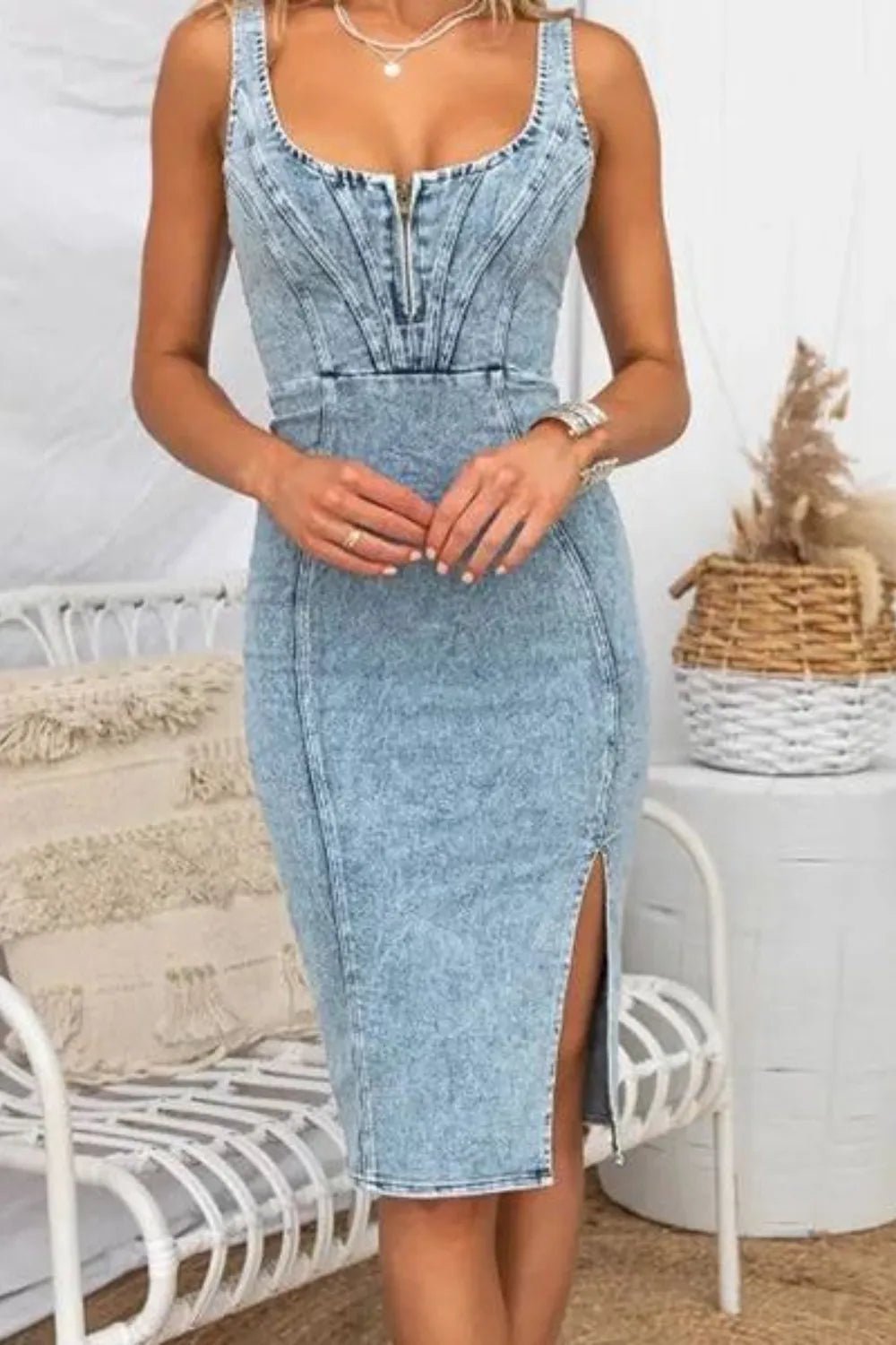 Side Slit Washed Scoop Neck Denim Dress - Crowned Energy CO.