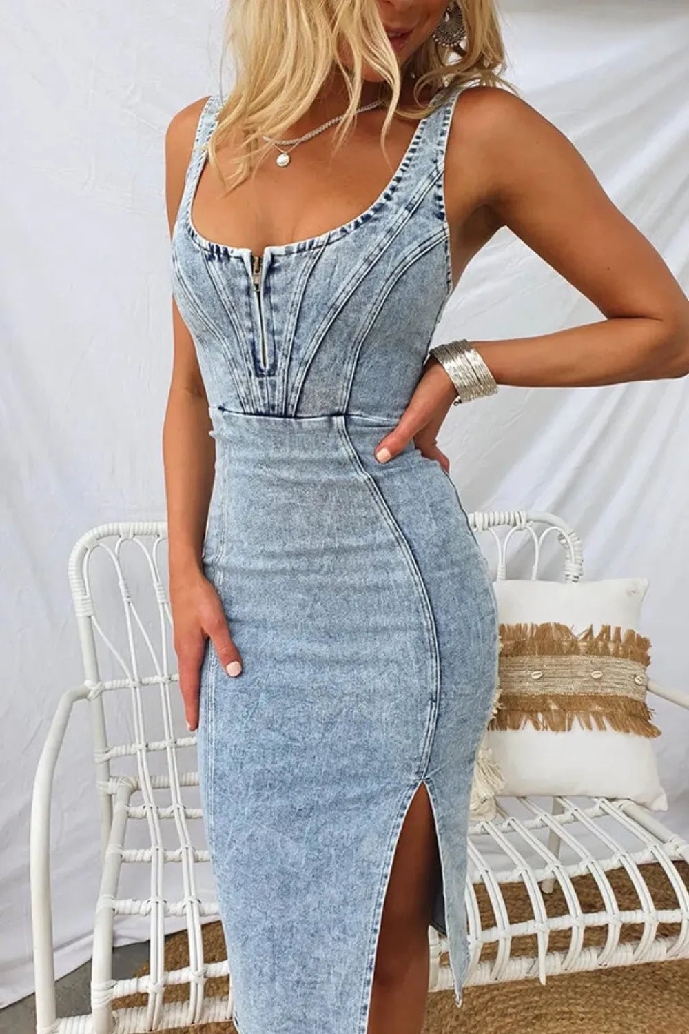 Side Slit Washed Scoop Neck Denim Dress - Crowned Energy CO.