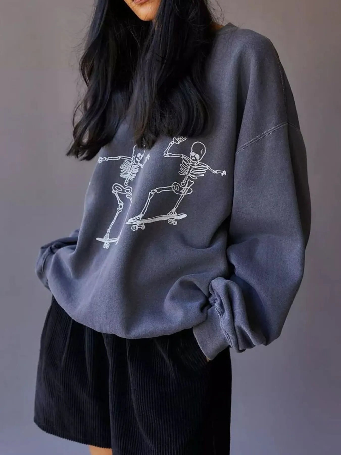 Crowned Energy CO. Gray / S Trendsi Sweaters & Cardigans/Cardigans Skeleton Graphic Oversized Sweatshirt