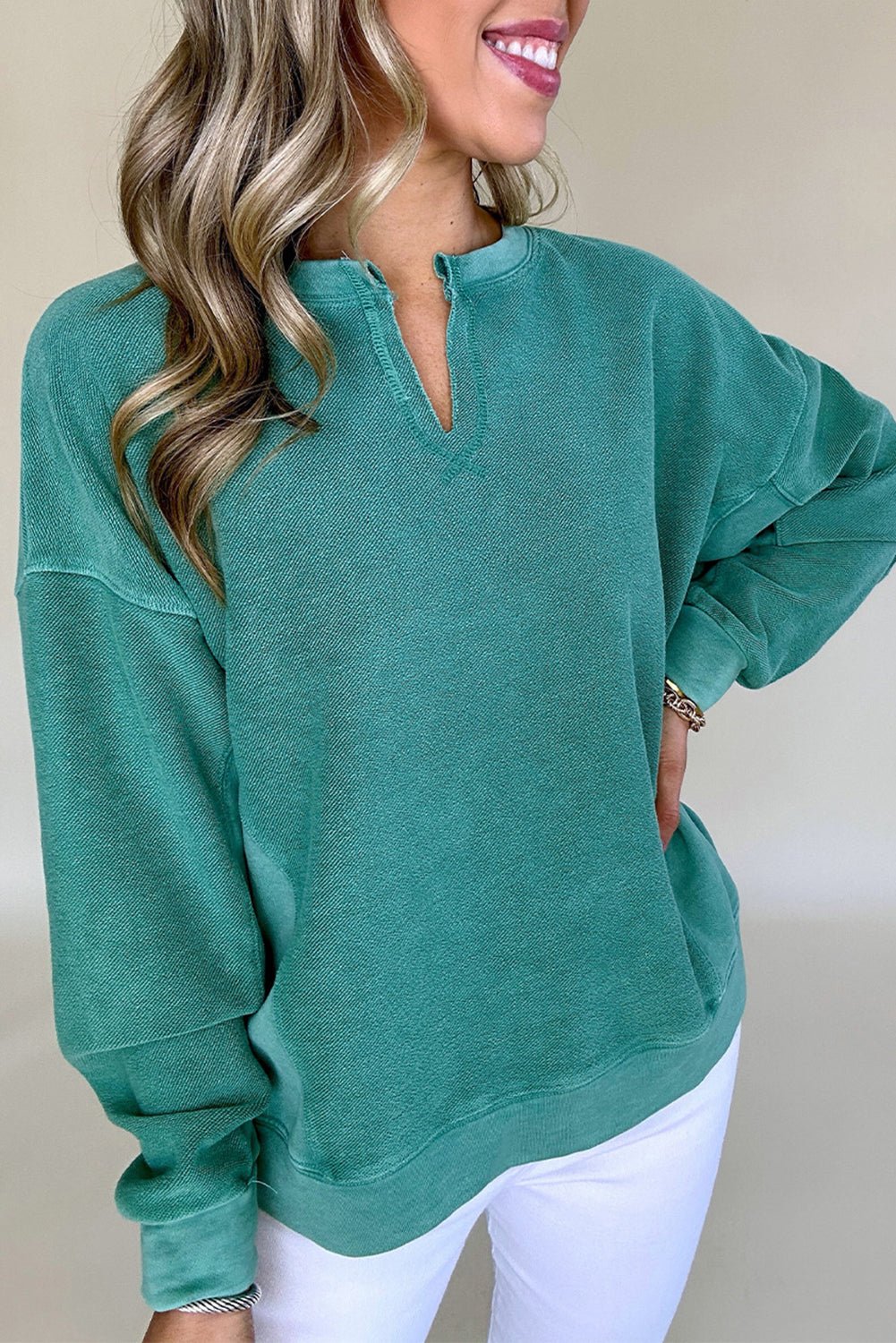 Crowned Energy CO. Skobeloff / S / 65%Polyester+35%Cotton Dear-Lover Dropshipping Tops/Sweatshirts & Hoodies Skobeloff Solid Color Notched Neck Drop Shoulder Sweatshirt