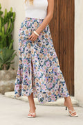 Sky Blue Bohemian Floral Print Tiered Maxi Skirt with Split - Crowned Energy CO.