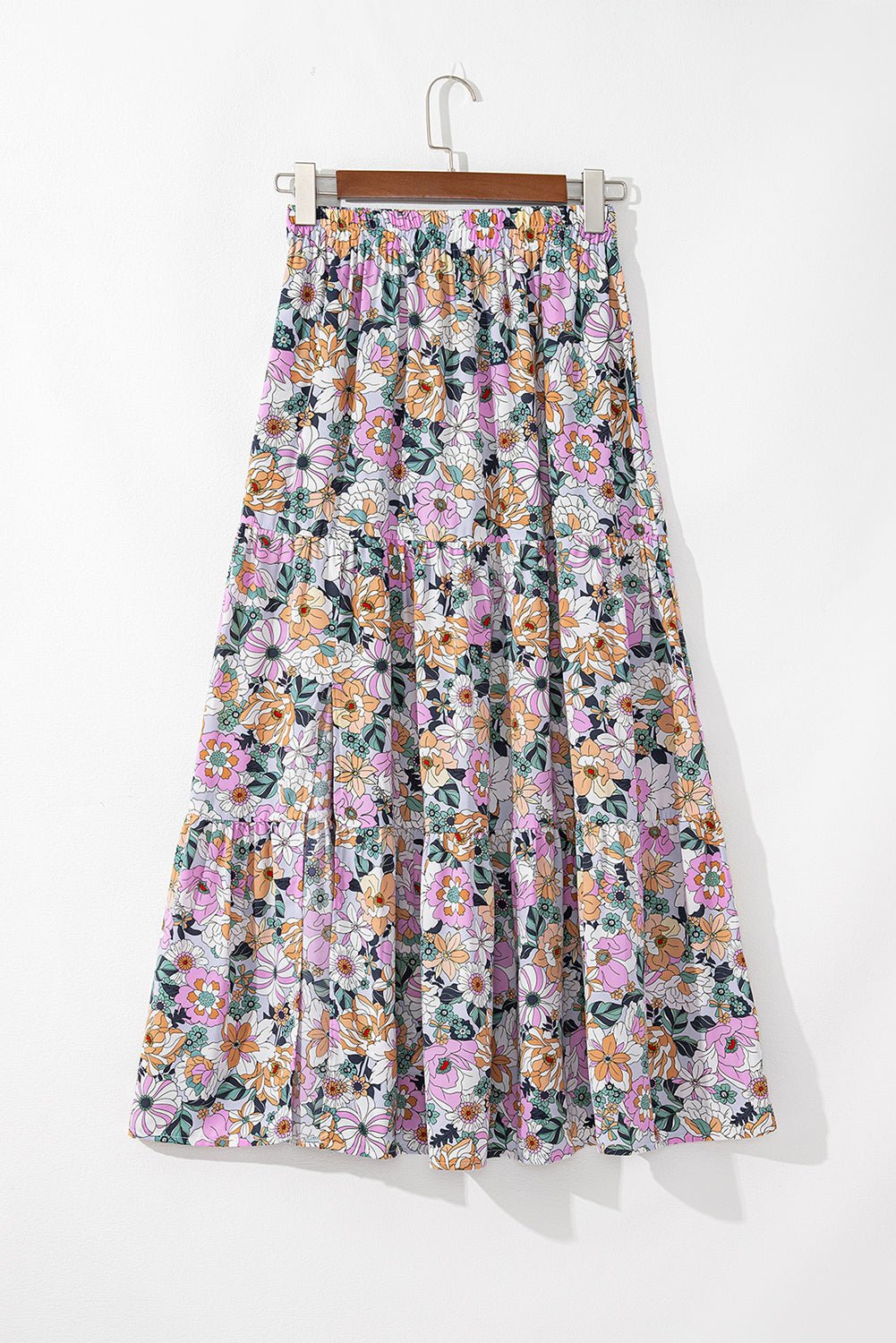 Sky Blue Bohemian Floral Print Tiered Maxi Skirt with Split - Crowned Energy CO.
