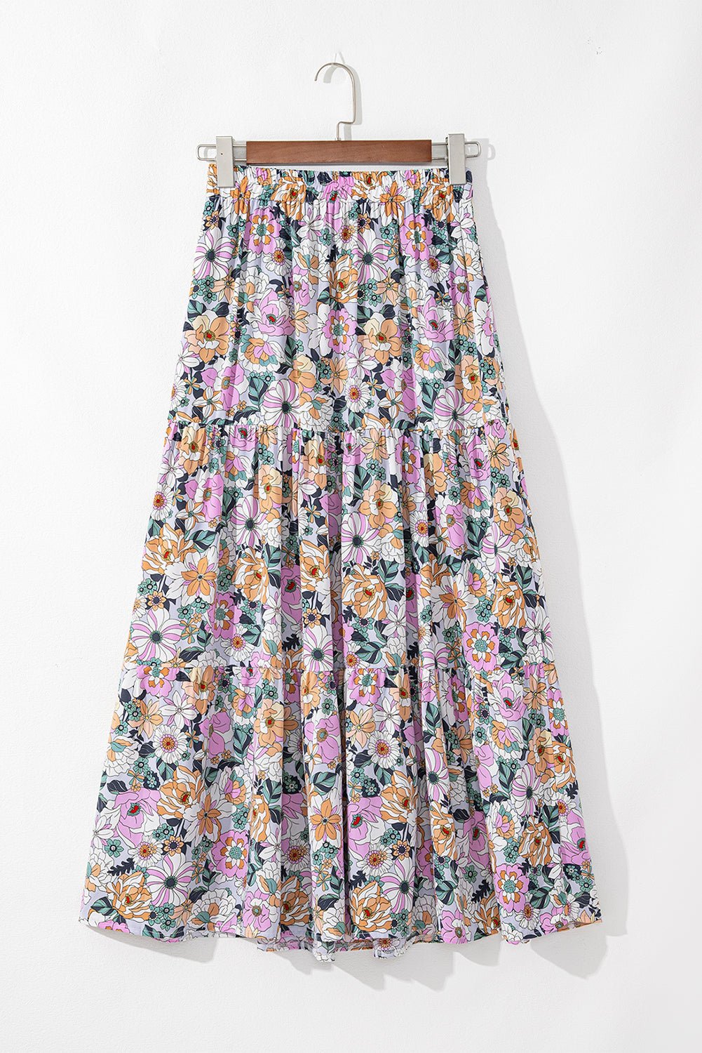 Sky Blue Bohemian Floral Print Tiered Maxi Skirt with Split - Crowned Energy CO.