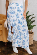 Sky Blue Boho Floral High Waist Ruffle Split Maxi Skirt - Crowned Energy CO.