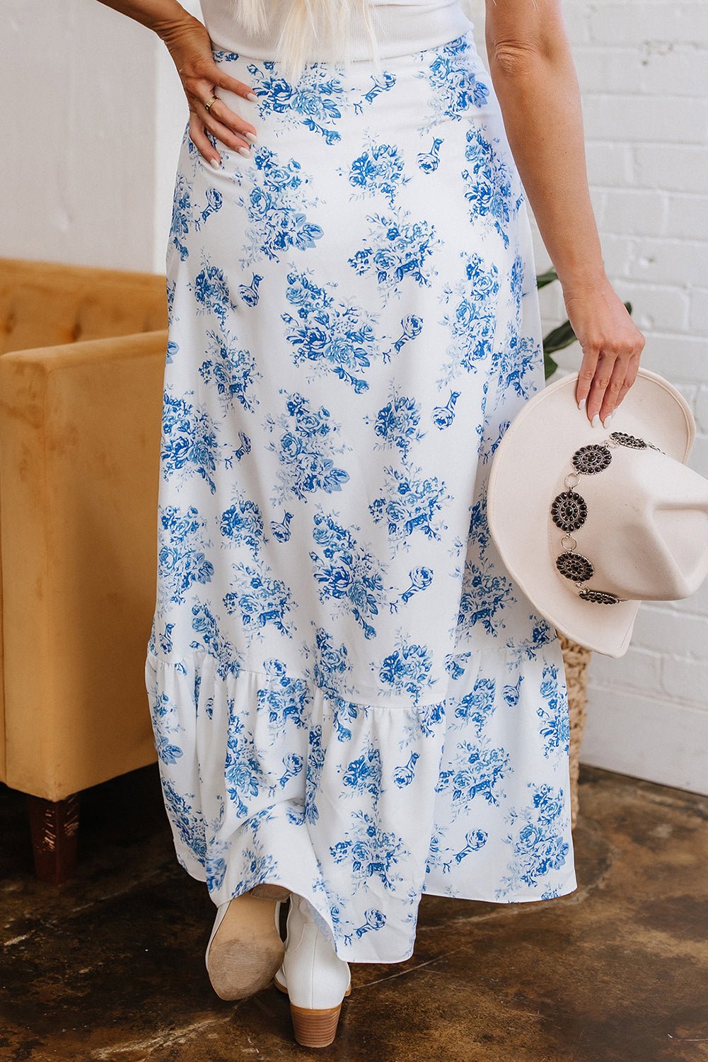 Sky Blue Boho Floral High Waist Ruffle Split Maxi Skirt - Crowned Energy CO.