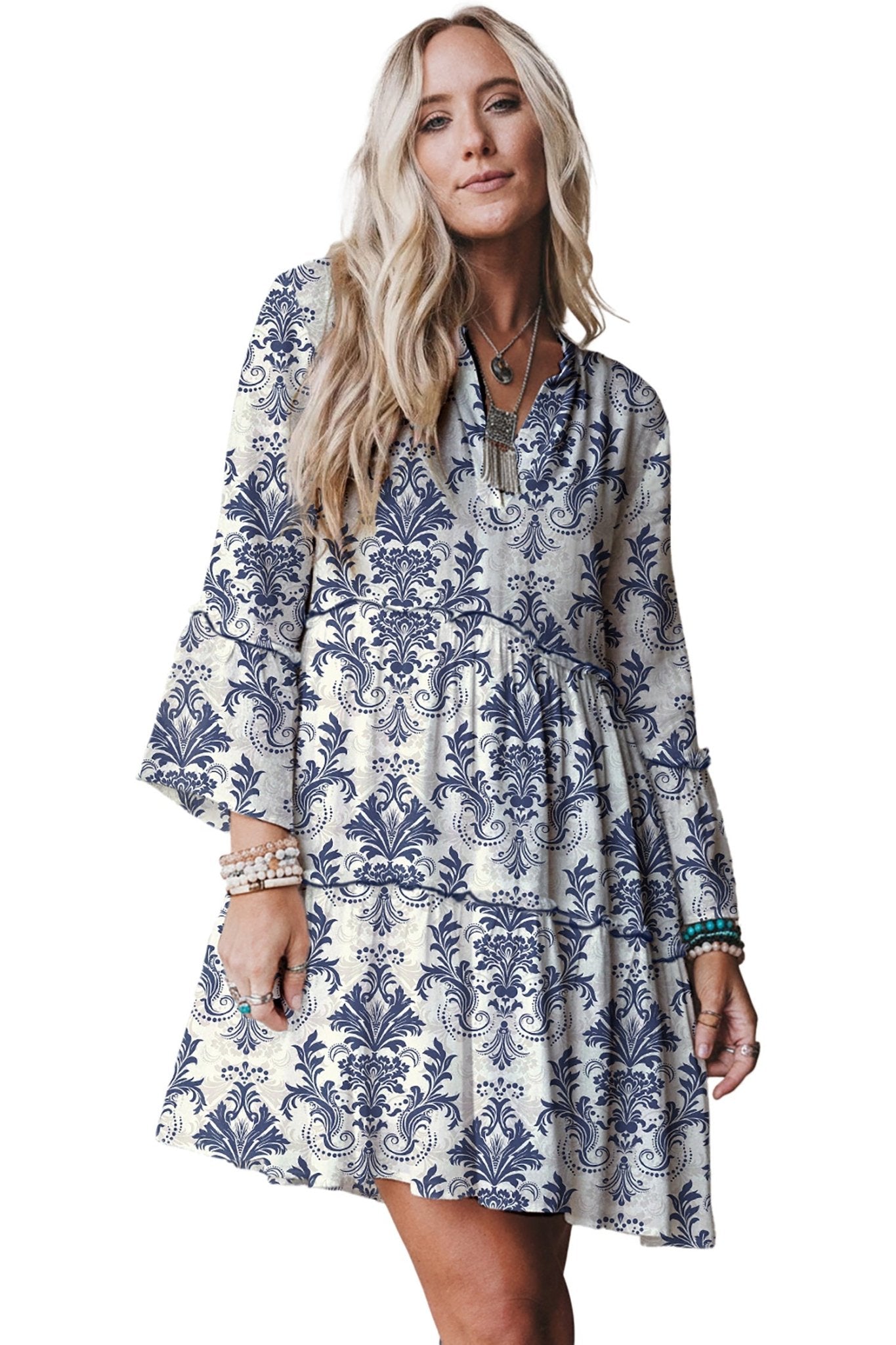 Sky Blue Boho Floral Print Lettuce Trim 3/4 Sleeve Mini Dress - Crowned Energy CO.