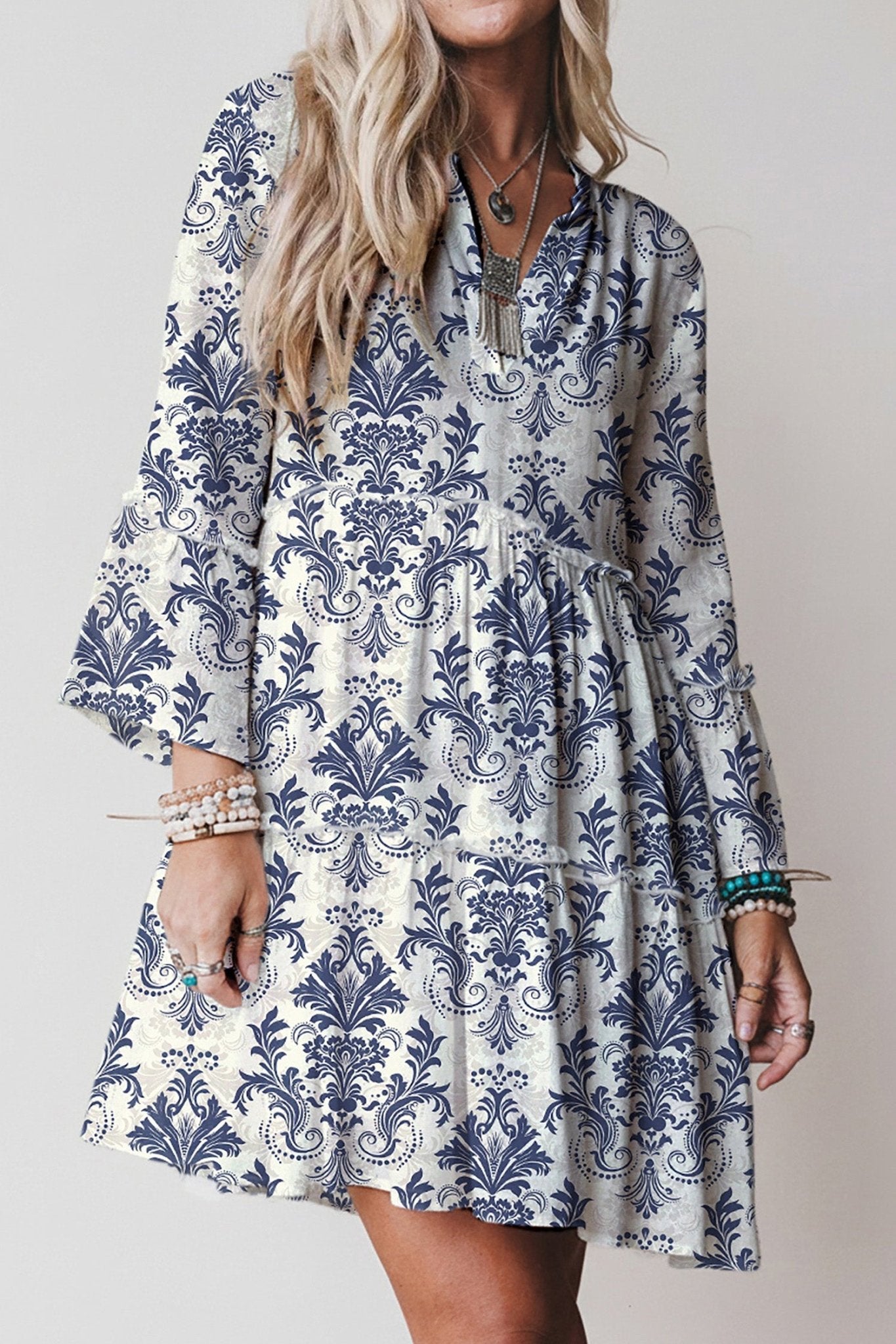 Sky Blue Boho Floral Print Lettuce Trim 3/4 Sleeve Mini Dress - Crowned Energy CO.