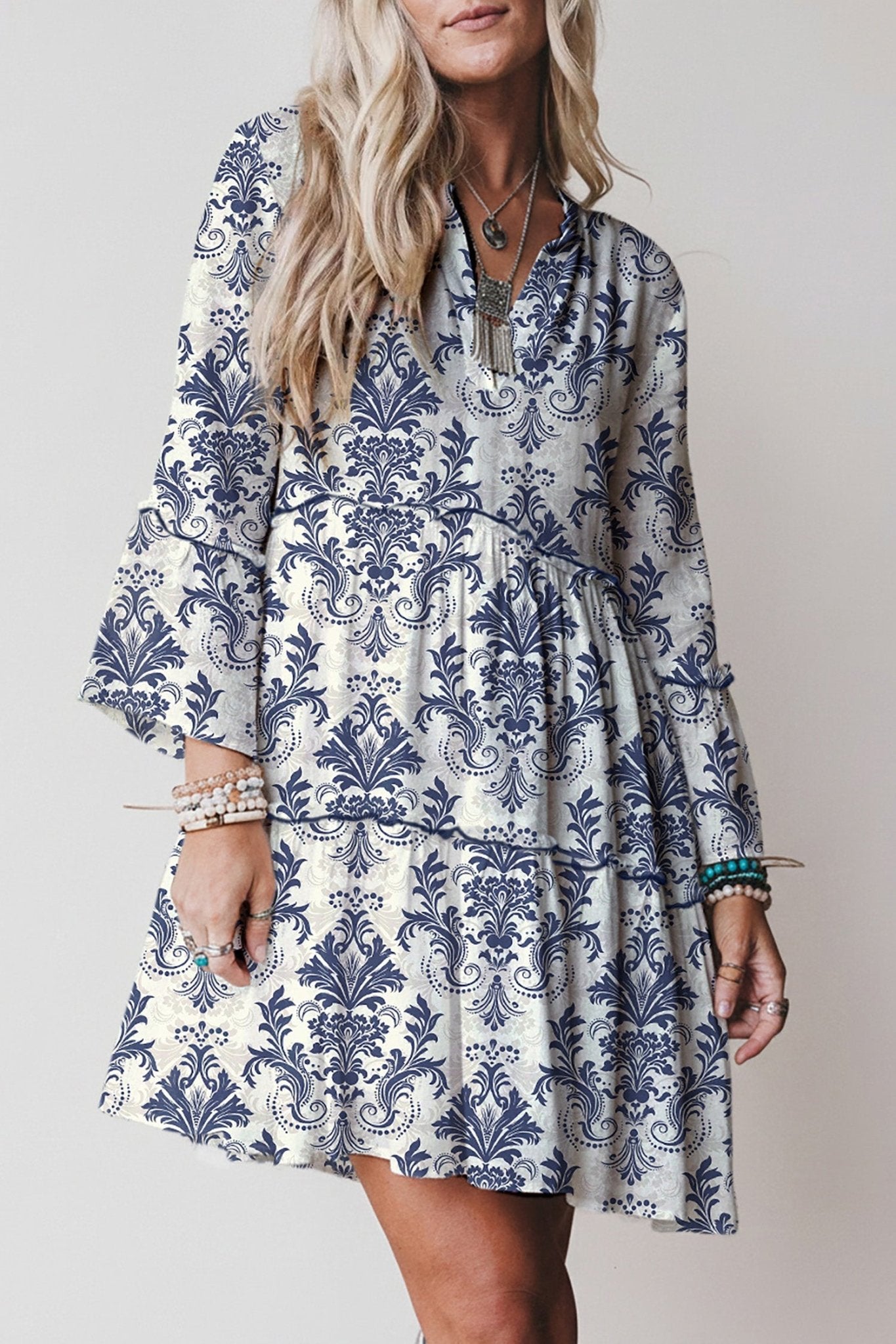 Sky Blue Boho Floral Print Lettuce Trim 3/4 Sleeve Mini Dress - Crowned Energy CO.