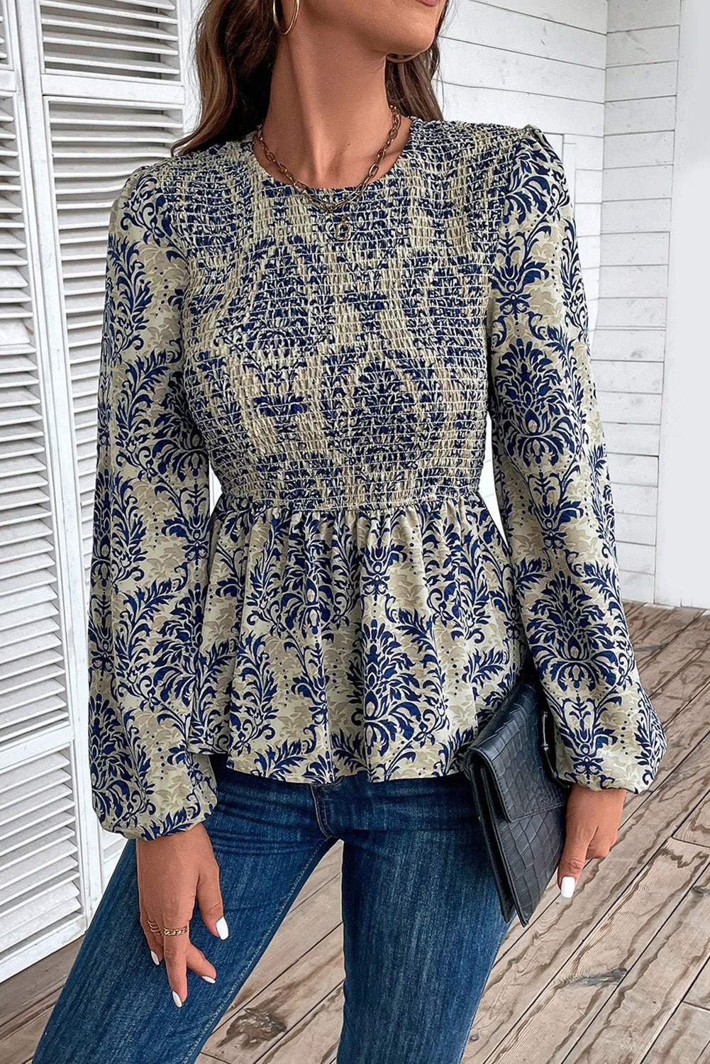 Sky Blue Boho Printed Balloon Sleeve Smocked Peplum Blouse - Crowned Energy CO.